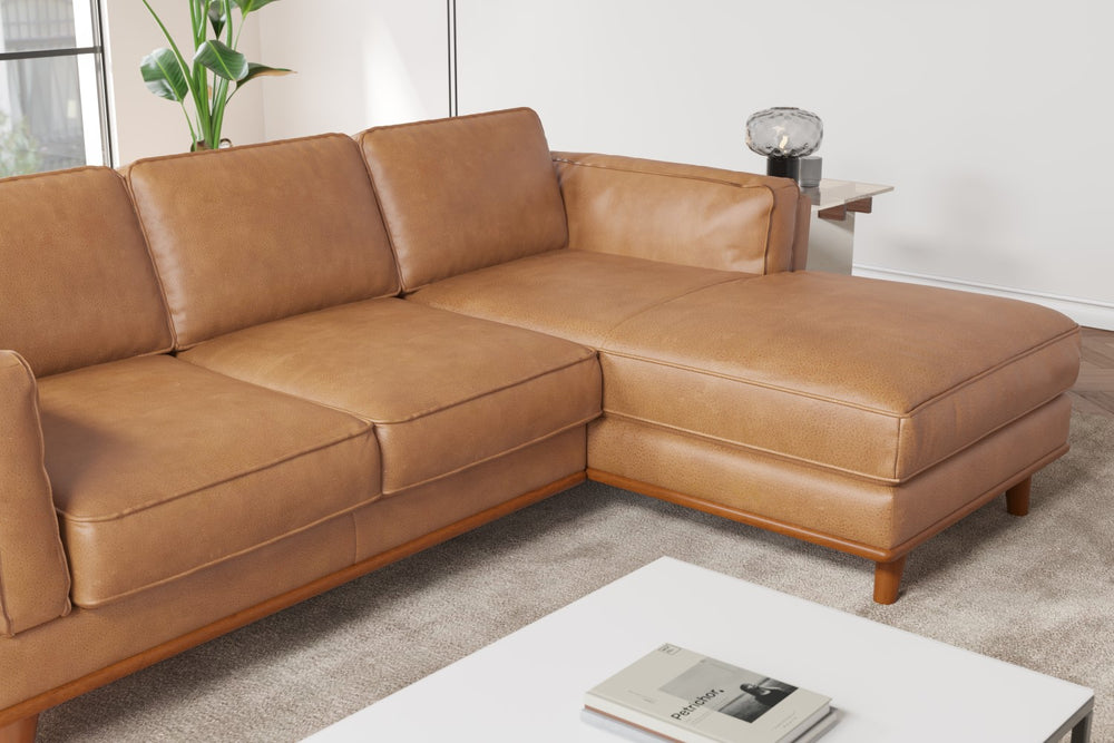 Valencia Artisan Top Grain Leather Three Seats with Right Chaise Leather Sofa, Tan Color