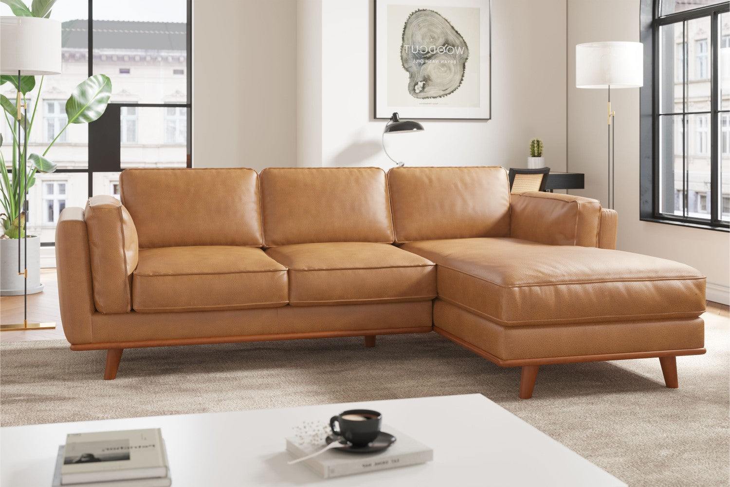 Valencia Artisan Top Grain Leather Three Seats with Right Chaise Leather Sofa, Tan Color
