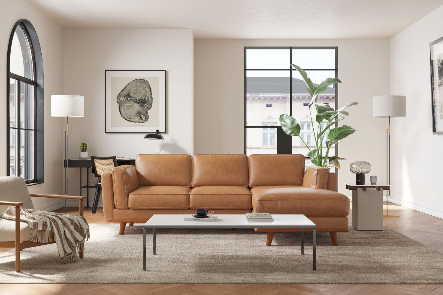 Valencia Artisan Top Grain Leather Three Seats with Right Chaise Leather Sofa, Tan Color