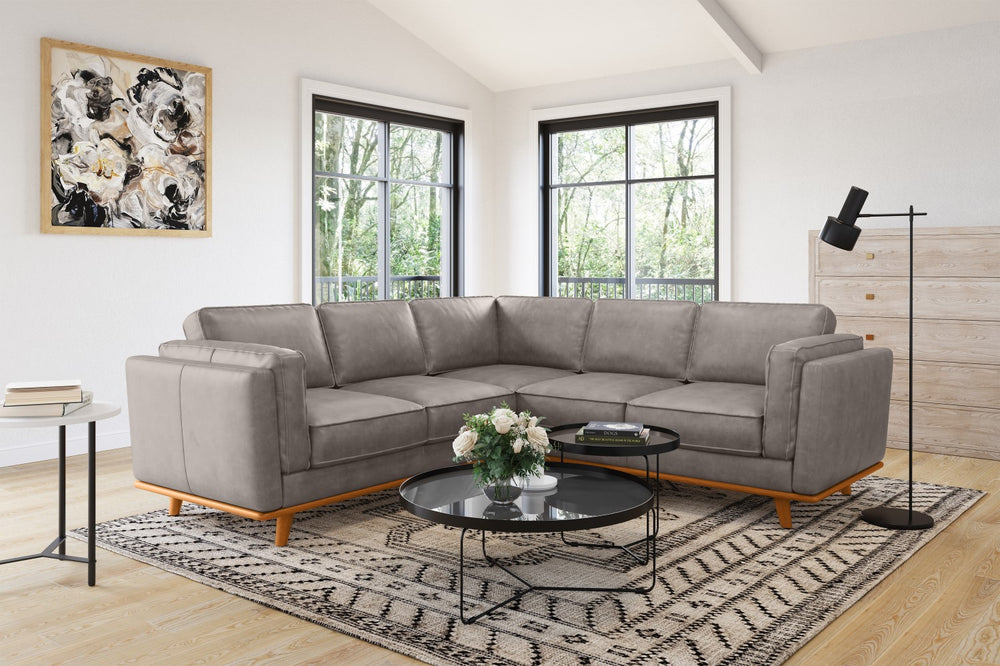 Valencia Artisan L-Shape Corner Leather Sectional Sofa, Light Grey