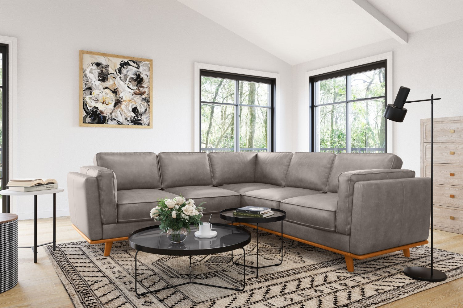 Valencia Artisan L Shape Corner Leather Sectional Sofa Light Grey