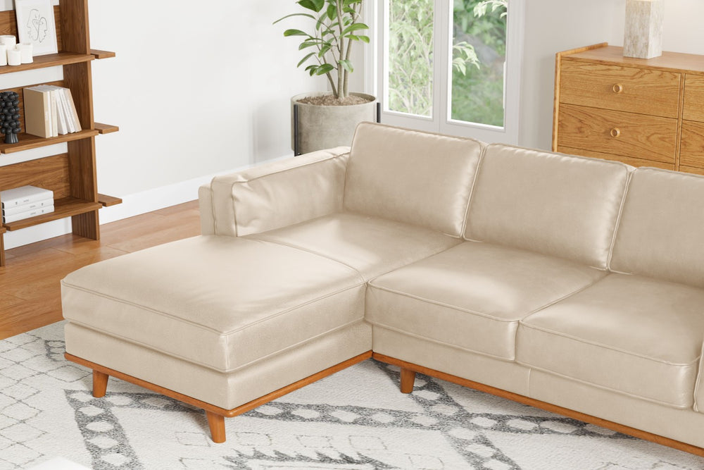 Valencia Artisan Top Grain Leather Three Seats with Left Chaise Leather Sofa, Beige Color