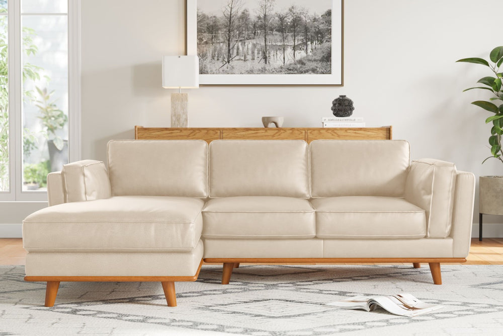 Valencia Artisan Top Grain Leather Three Seats with Left Chaise Leather Sofa, Beige Color