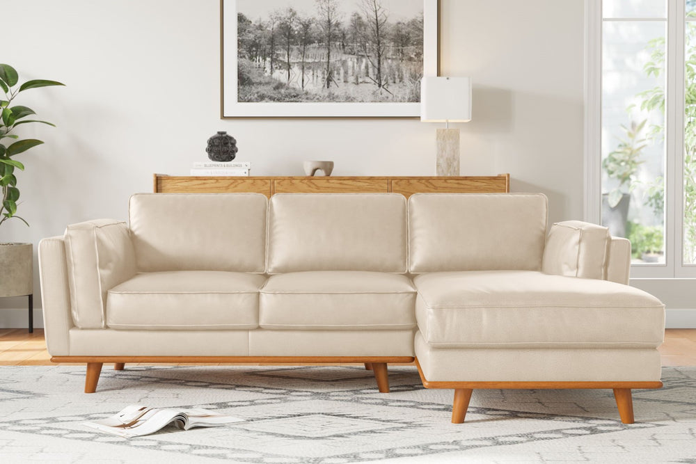 Valencia Artisan Top Grain Leather Three Seats with Right Chaise Leather Sofa, Beige Color