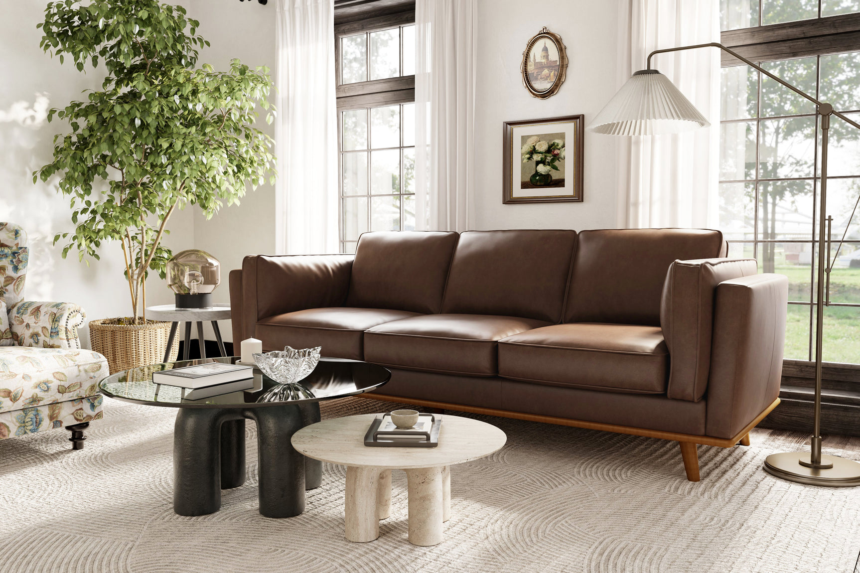 Valencia Artisan Wide Three Seats Leather Sofa, Dark Chocolate Color