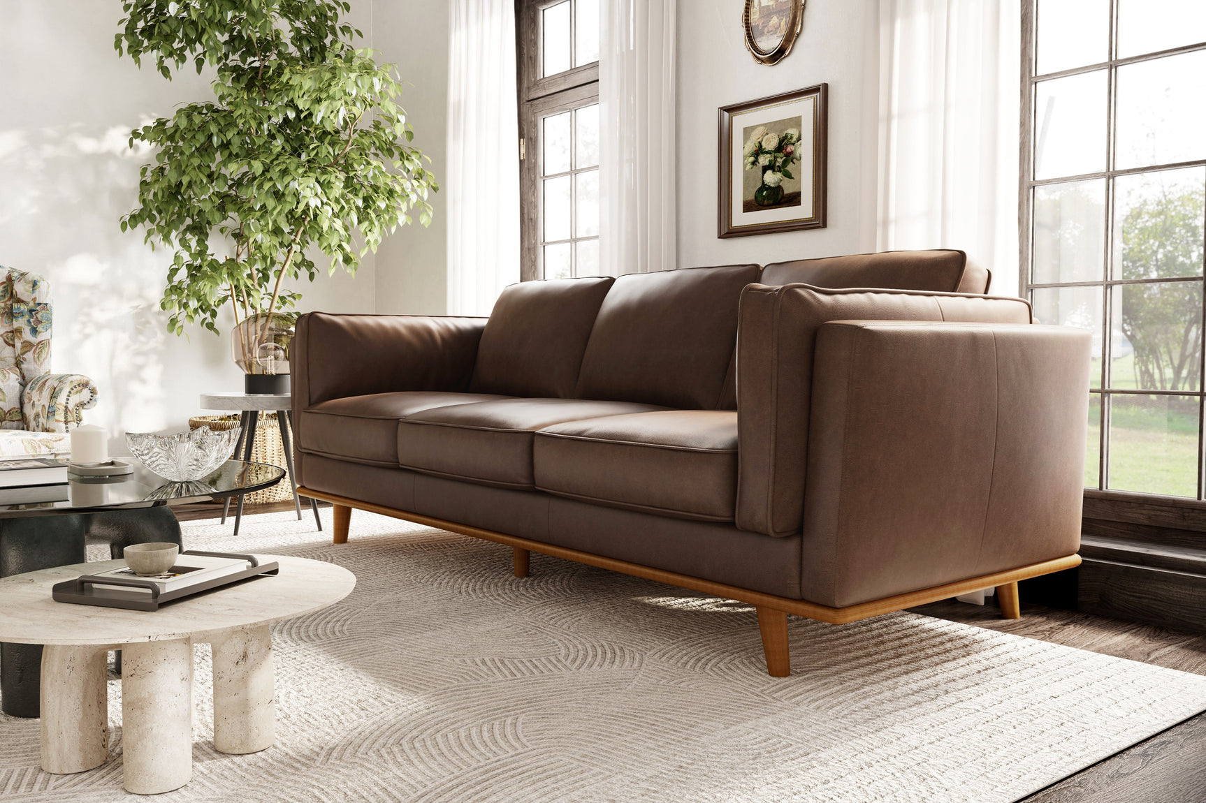 Valencia Artisan Wide Three Seats Leather Sofa, Dark Chocolate Color