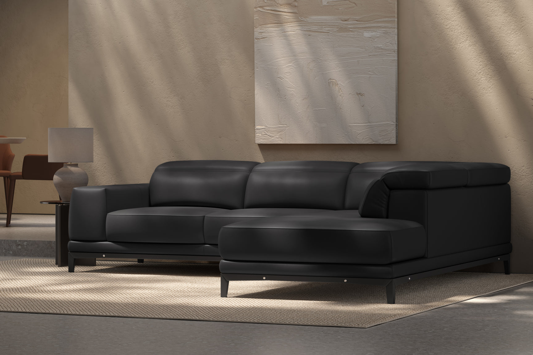 Valencia Valletta Top Grain Leather Sectional L-Shape with Right Chaise Sofa, Black