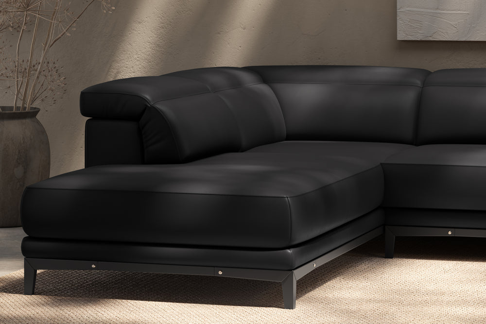 Valencia Valletta Top Grain Leather L-Shape with Left Chaise Sofa, Black