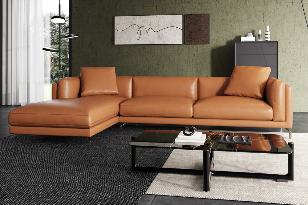 Valencia Zadar Leather Sofa with Left Chaise, Cognac