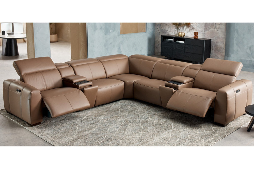 Valencia Carmen Leather L-Shape Dual Recliner with Console Sofa, Brown