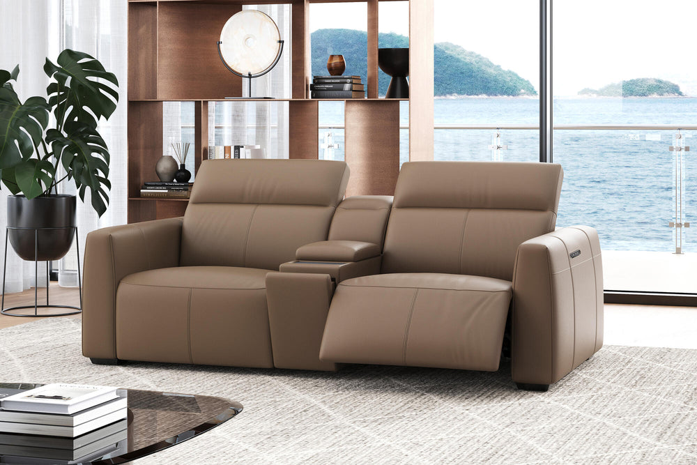 Valencia Carmen Leather Loveseat Dual Recliner with Console Sofa, Brown