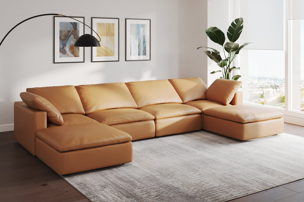 Valencia Claire Full-Aniline Leather Three Seats with Ottoman Cloud Feel Sofa, Cognac