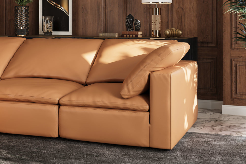 Valencia Claire Full-Aniline Leather Three Seats with 3 Ottomans Cloud Feel Sofa, Cognac