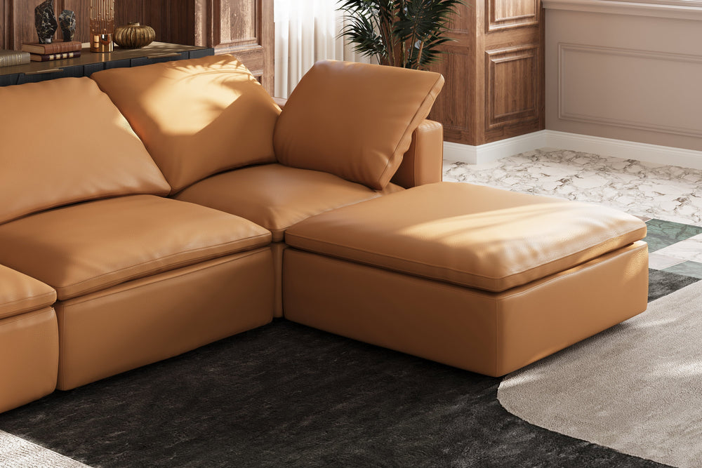 Valencia Claire Full-Aniline Leather Three Seats with 3 Ottomans Cloud Feel Sofa, Cognac