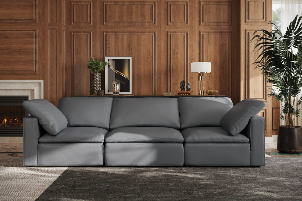 Valencia Claire Full-Aniline Leather Three Seats with 3 Ottomans Cloud Feel Sofa, Charcoal Grey