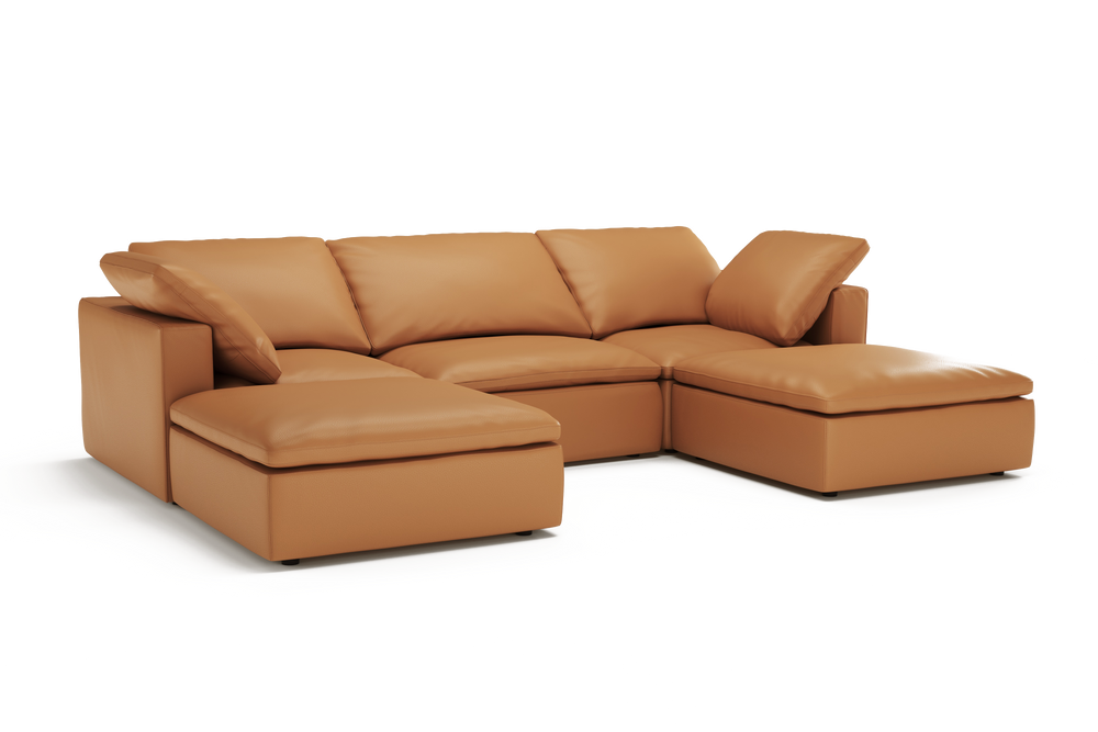 Valencia Claire Full-Aniline Leather Three Seats with 2 Ottomans Cloud Feel Sofa, Cognac