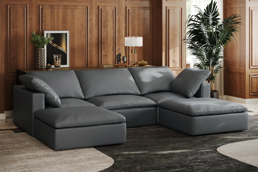 Valencia Claire Full-Aniline Leather Three Seats with Ottoman Cloud Feel Sofa, Charcoal Grey