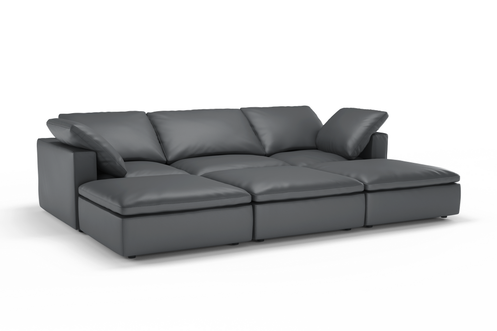 Valencia Claire Full-Aniline Leather Three Seats with 3 Ottomans Cloud Feel Sofa, Charcoal Grey