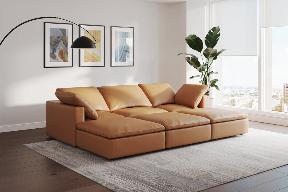 Valencia Claire Full-Aniline Leather Three Seats with 2 Ottomans Cloud Feel Sofa, Cognac