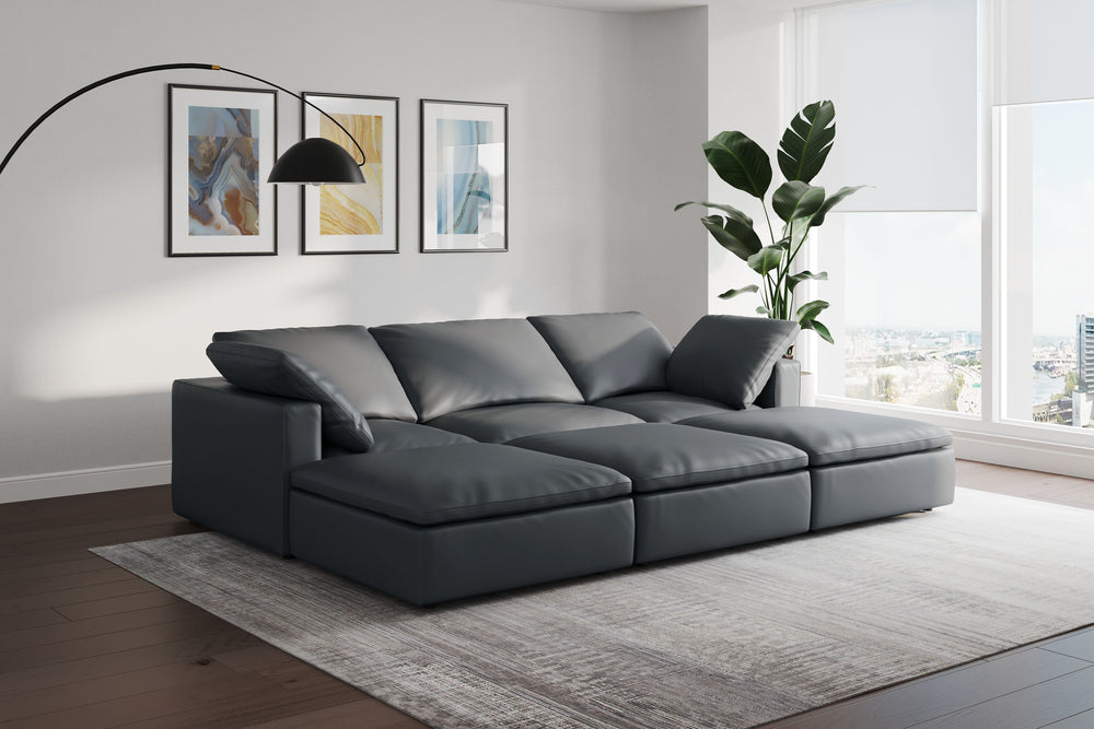 Valencia Claire Full-Aniline Leather Three Seats with 3 Ottomans Cloud Feel Sofa, Charcoal Grey