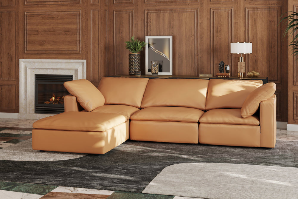 Valencia Claire Full-Aniline Leather Three Seats with 2 Ottomans Cloud Feel Sofa, Cognac