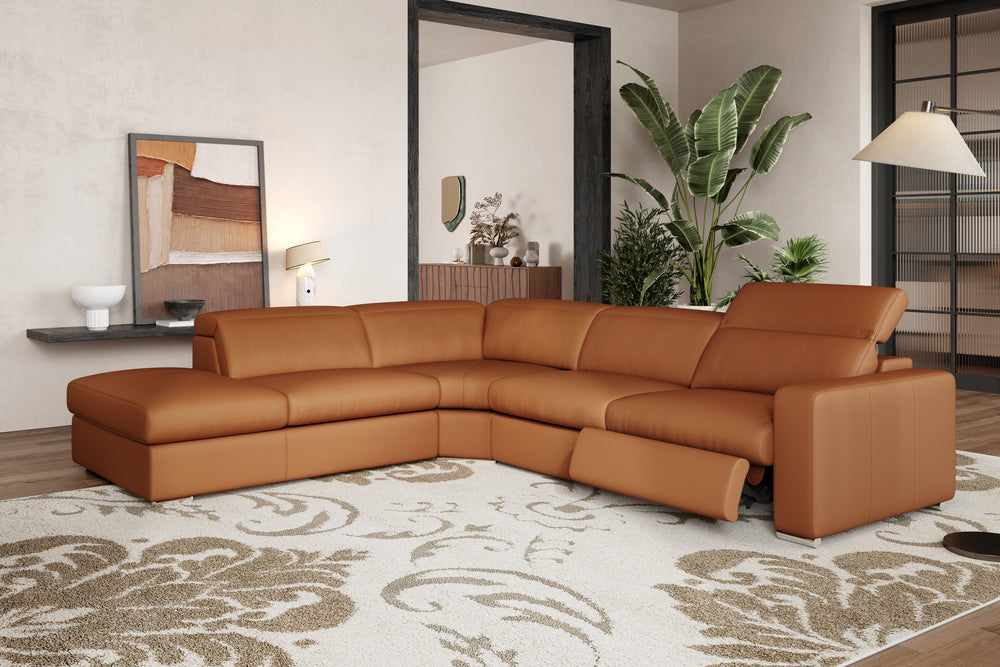 Valencia Clara Leather Reclining Sectional Sofa, Left Hand Chaise, Cognac