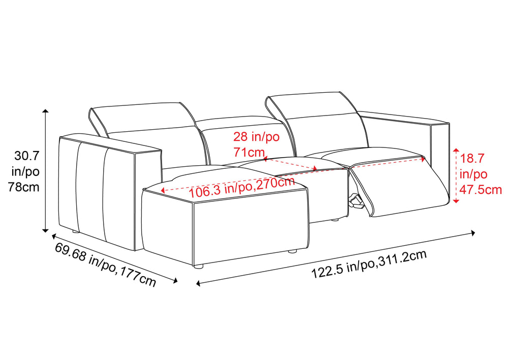 Valencia Emery Leather Sectional Sofa, Recliner Three Seats with Left Chaise, Light Grey