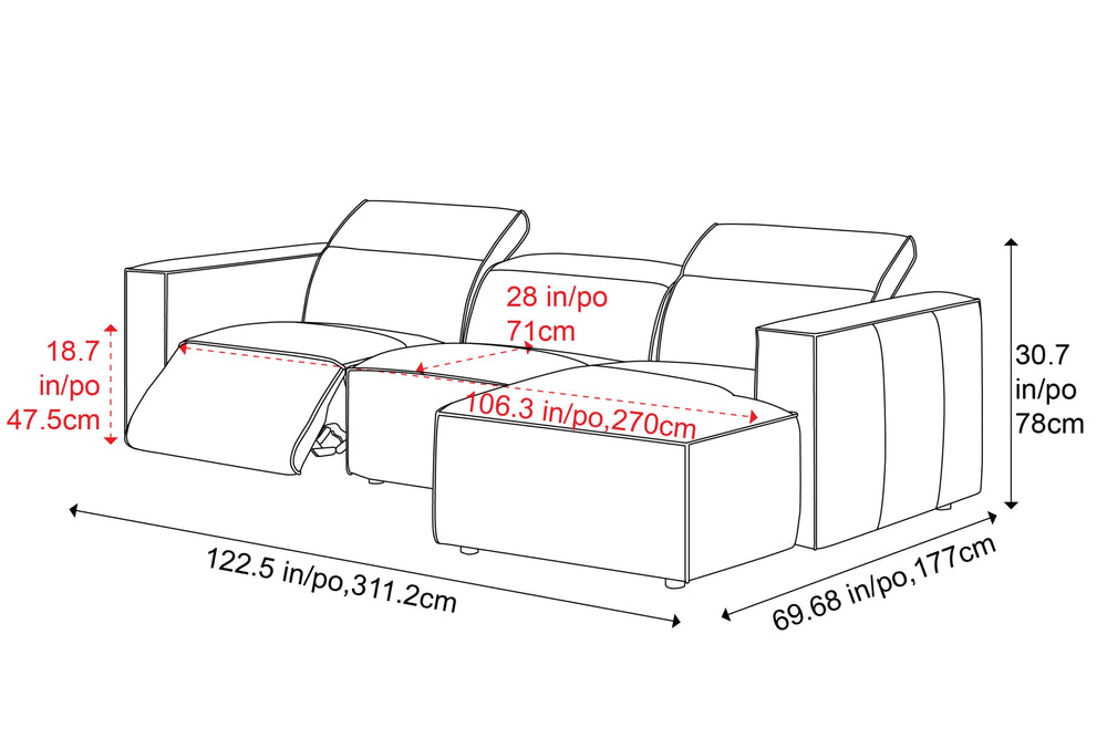 Valencia Emery Leather Sectional Sofa, Recliner Three Seats with Right Chaise, Light Grey