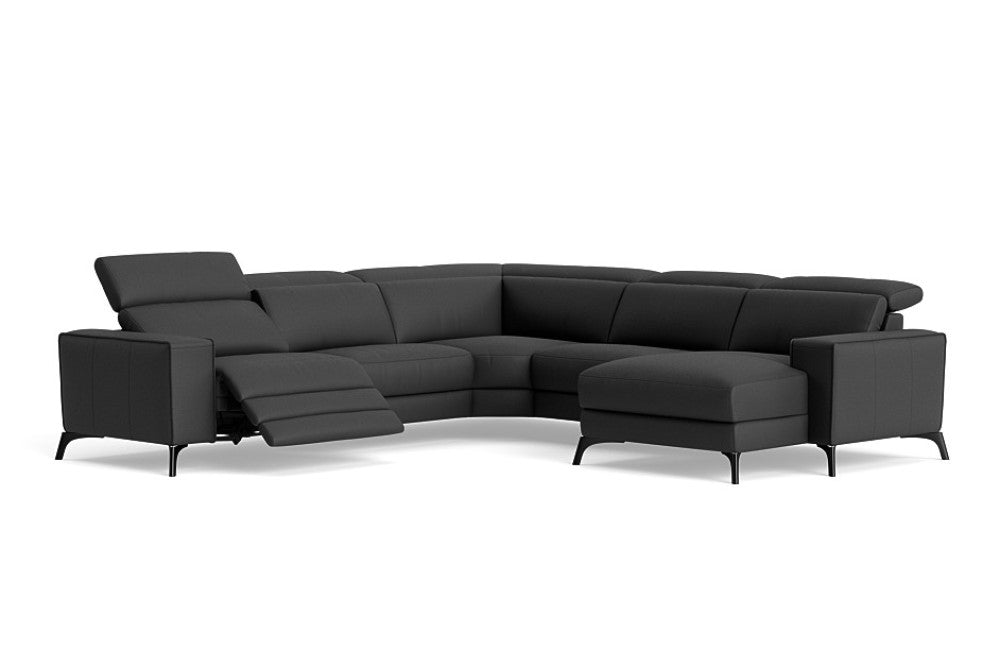 Valencia Esther Top Grain Leather Sofa, L-Shape with Right Chaise, Black