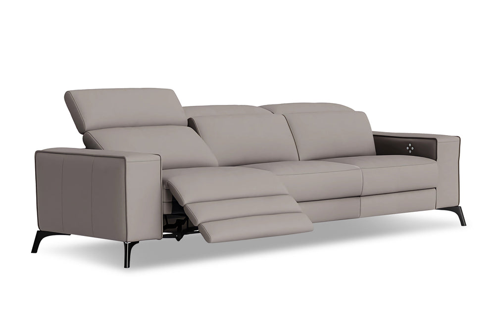 Valencia Esther Top Grain Leather Three Seats with Double Recliners Sofa, Light Grey