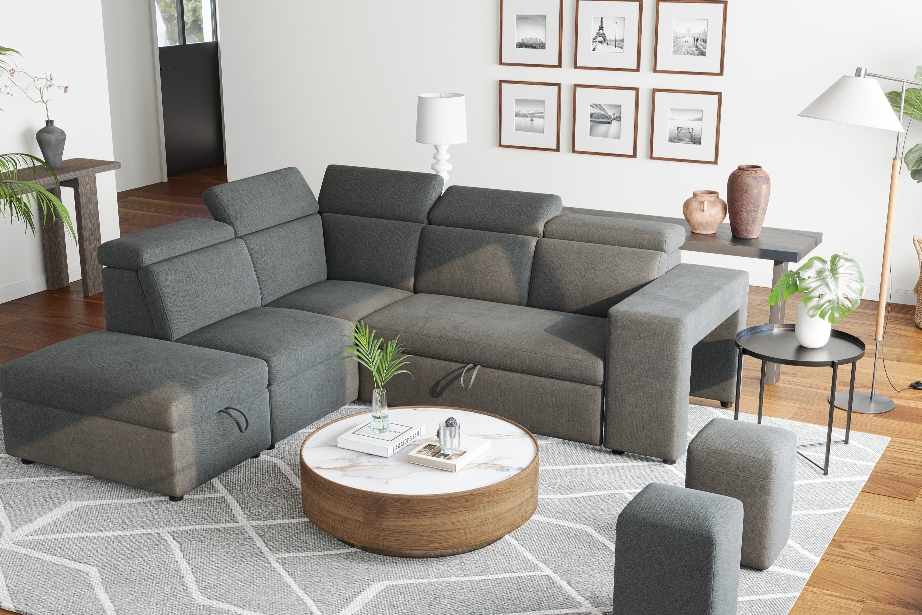 Valencia Finn Fabric Sectional Sofa Bed with Left Hand Storage Dark G