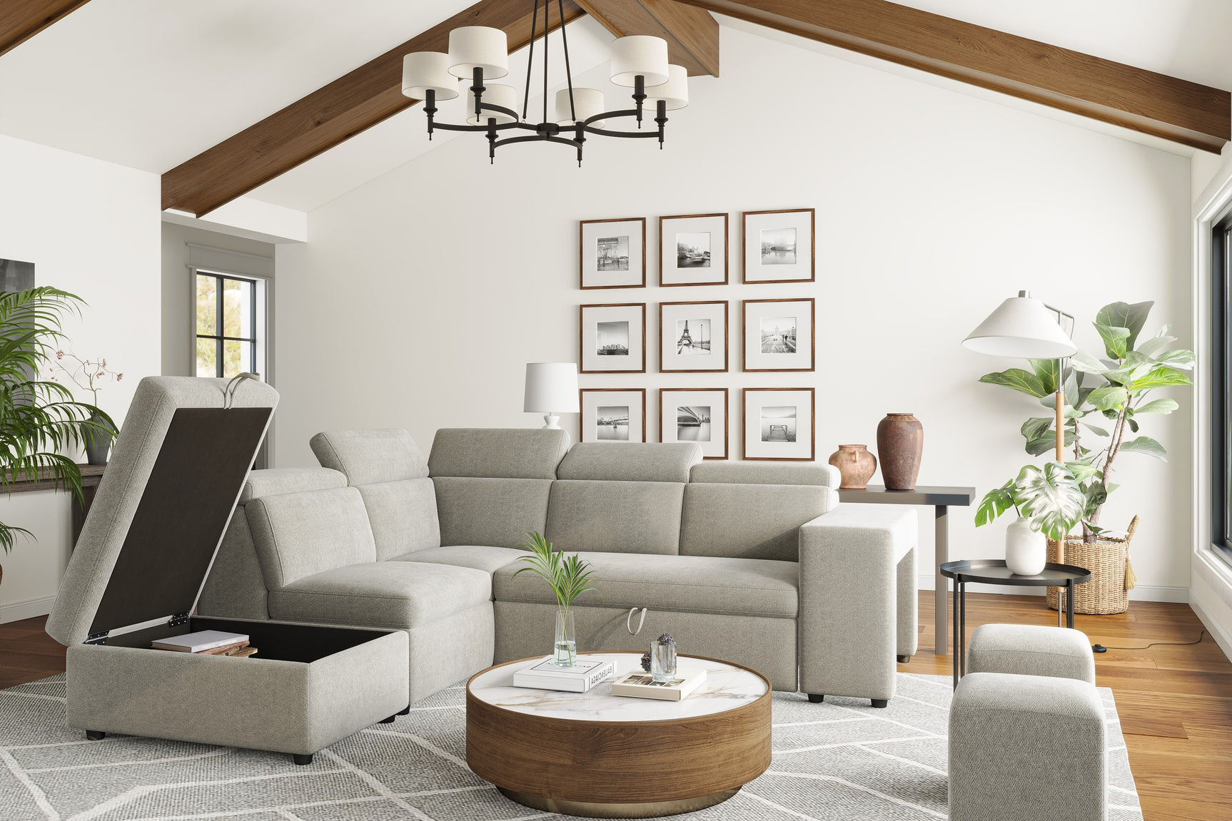 Valencia Finn Fabric Sectional Sofa Bed with Left Hand Storage, Light Grey Color