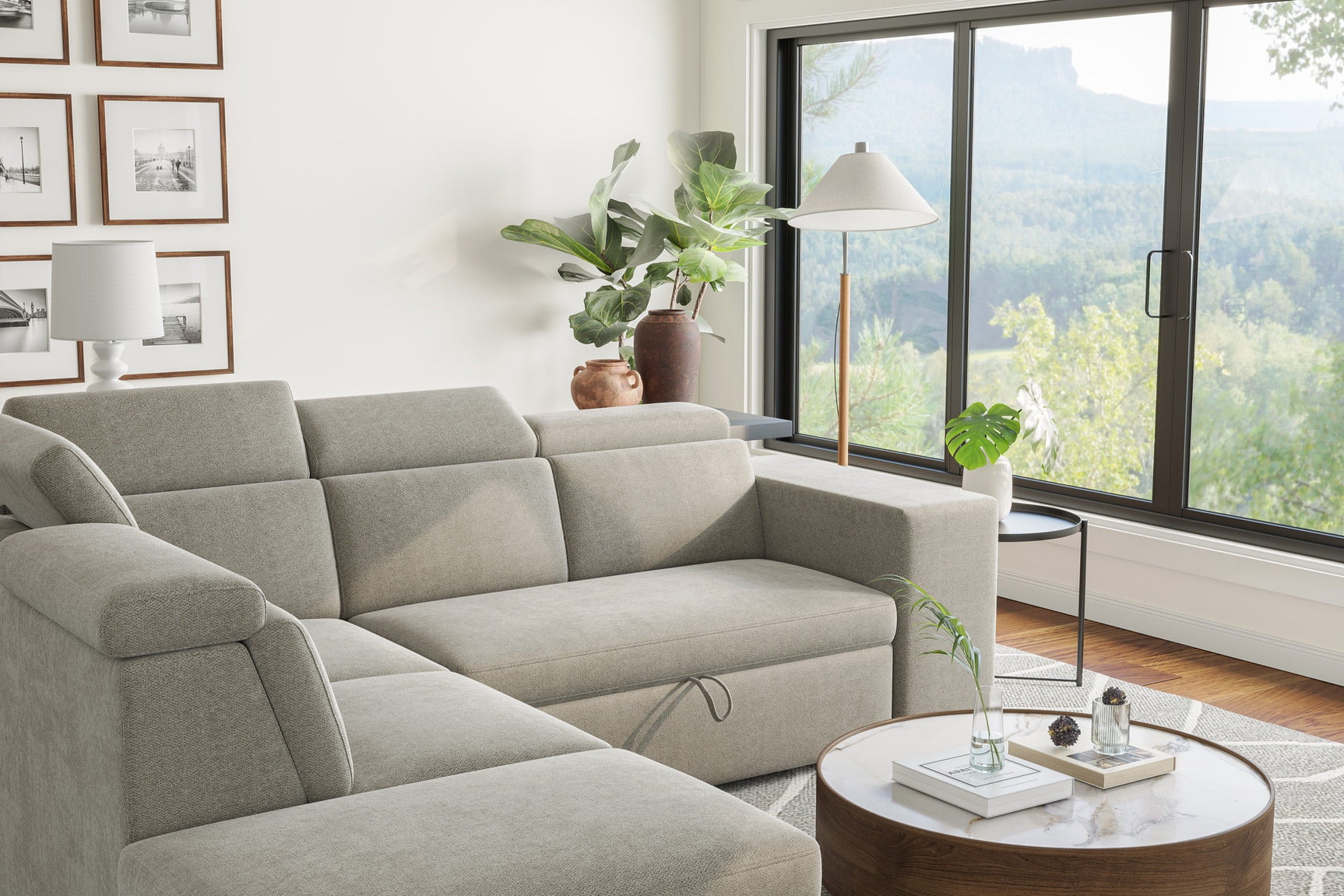 Valencia Finn Fabric Sectional Sofa Bed with Left Hand Storage, Light Grey Color