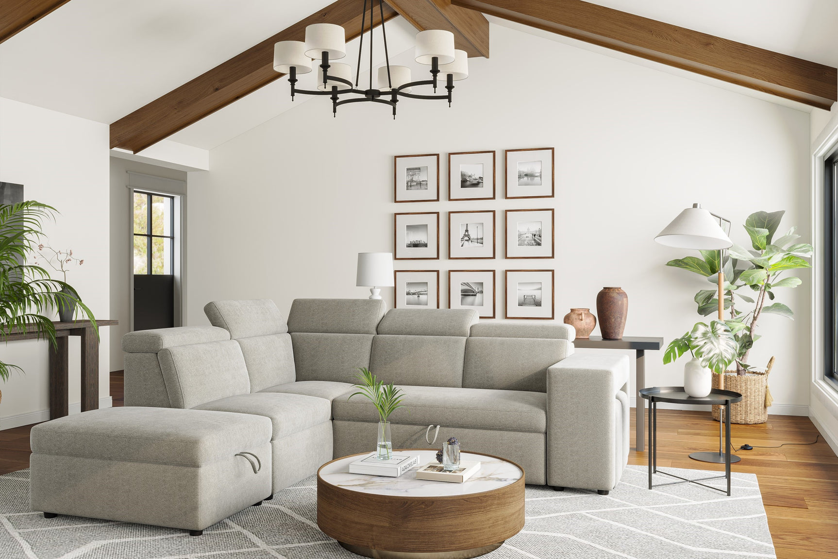 Valencia Finn Fabric Sectional Sofa Bed with Left Hand Storage, Light Grey Color