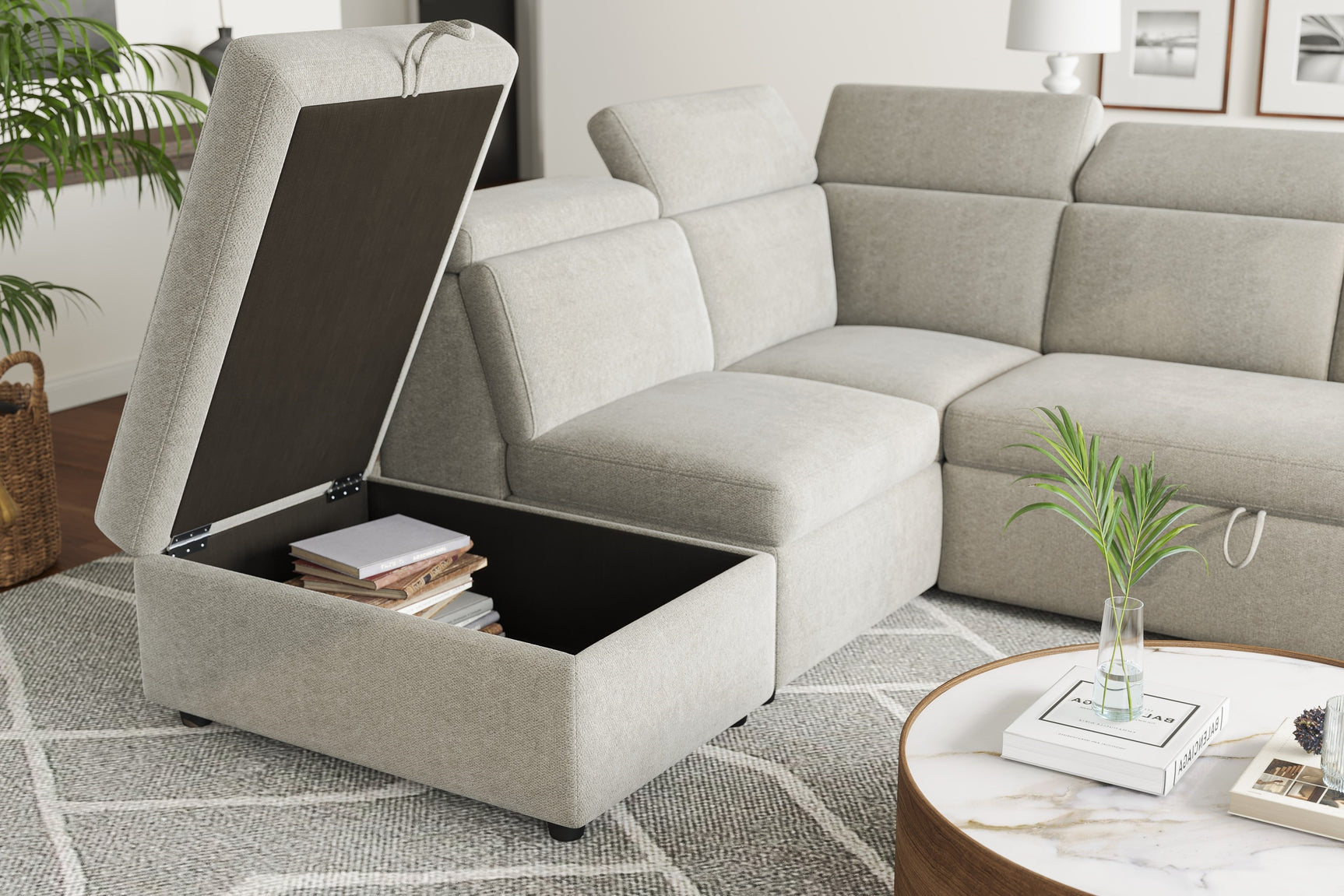 Valencia Finn Fabric Sectional Sofa Bed with Left Hand Storage, Light Grey Color