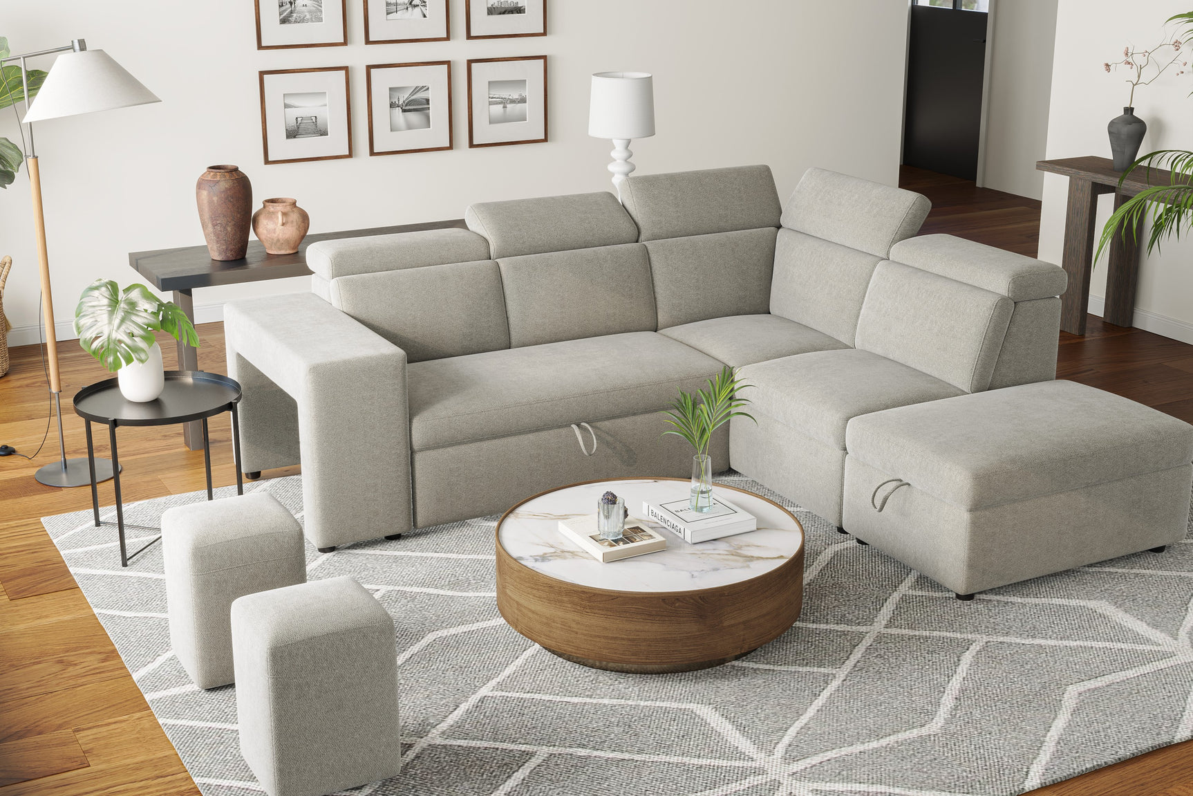 Valencia Finn Fabric Sectional Sofa Bed with Right Hand Storage, Light Grey Color