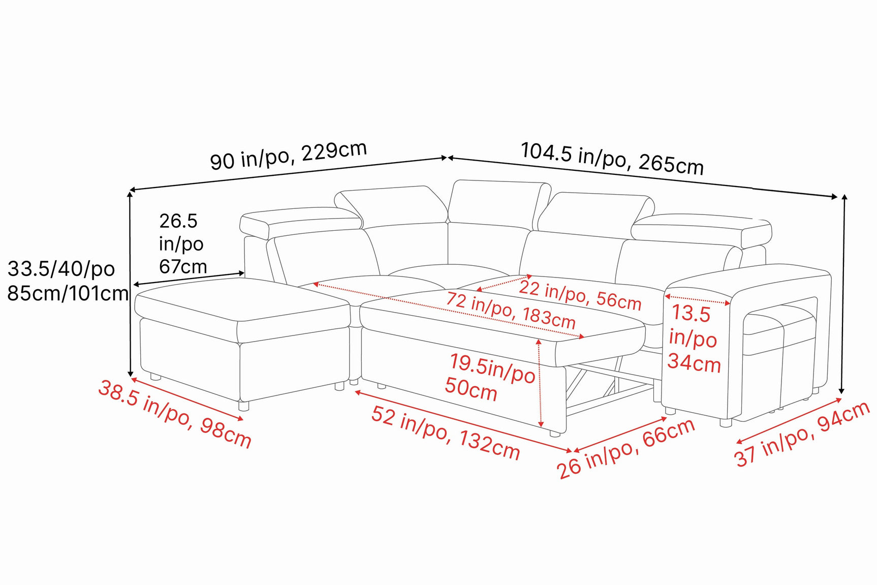 Valencia Finn Fabric Sectional Sofa Bed with Left Hand Storage, Beige Color