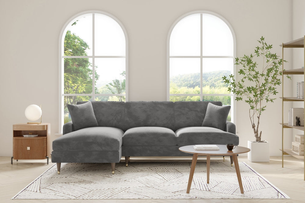 Valencia Freya Velvet Fabric Three Seats with Left Chaise Sofa, Grey