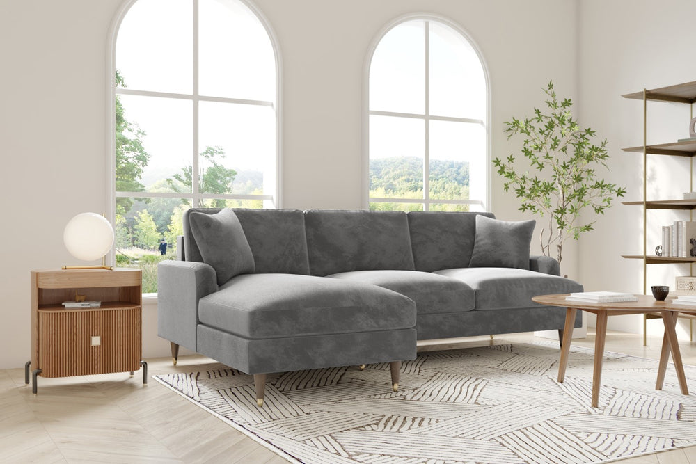 Valencia Freya Velvet Fabric Three Seats with Left Chaise Sofa, Grey