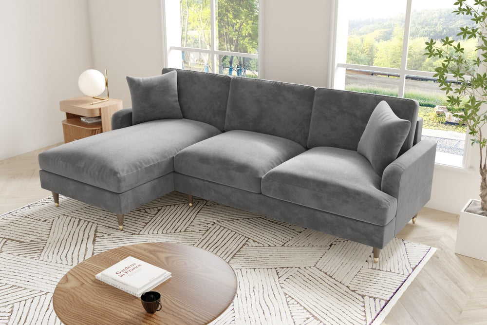 Valencia Freya Velvet Fabric Three Seats with Left Chaise Sofa, Grey