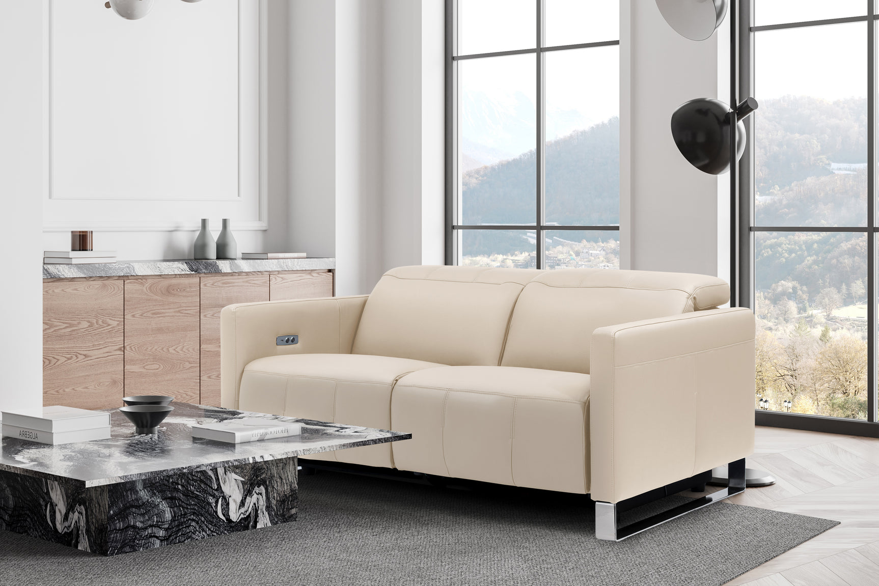 Valencia Isla Modern Top Grain Leather Reclining Sofa,  Loveseat, Beige