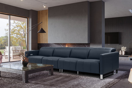 Valencia Isla Modern Top Grain Leather Reclining Sofa, Four Seats, Blue