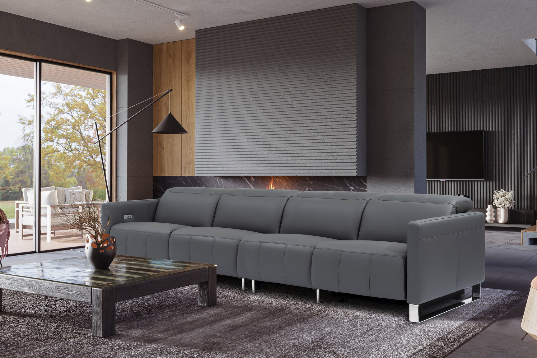 Valencia Isla Modern Top Grain Leather Reclining Sofa, Four Seats, Grey