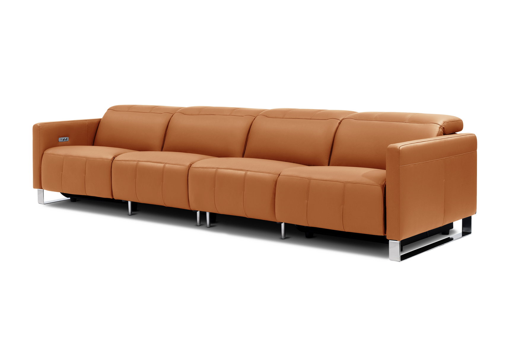Valencia Isla Modern Top Grain Leather Reclining Sofa, Four Seats, Cognac
