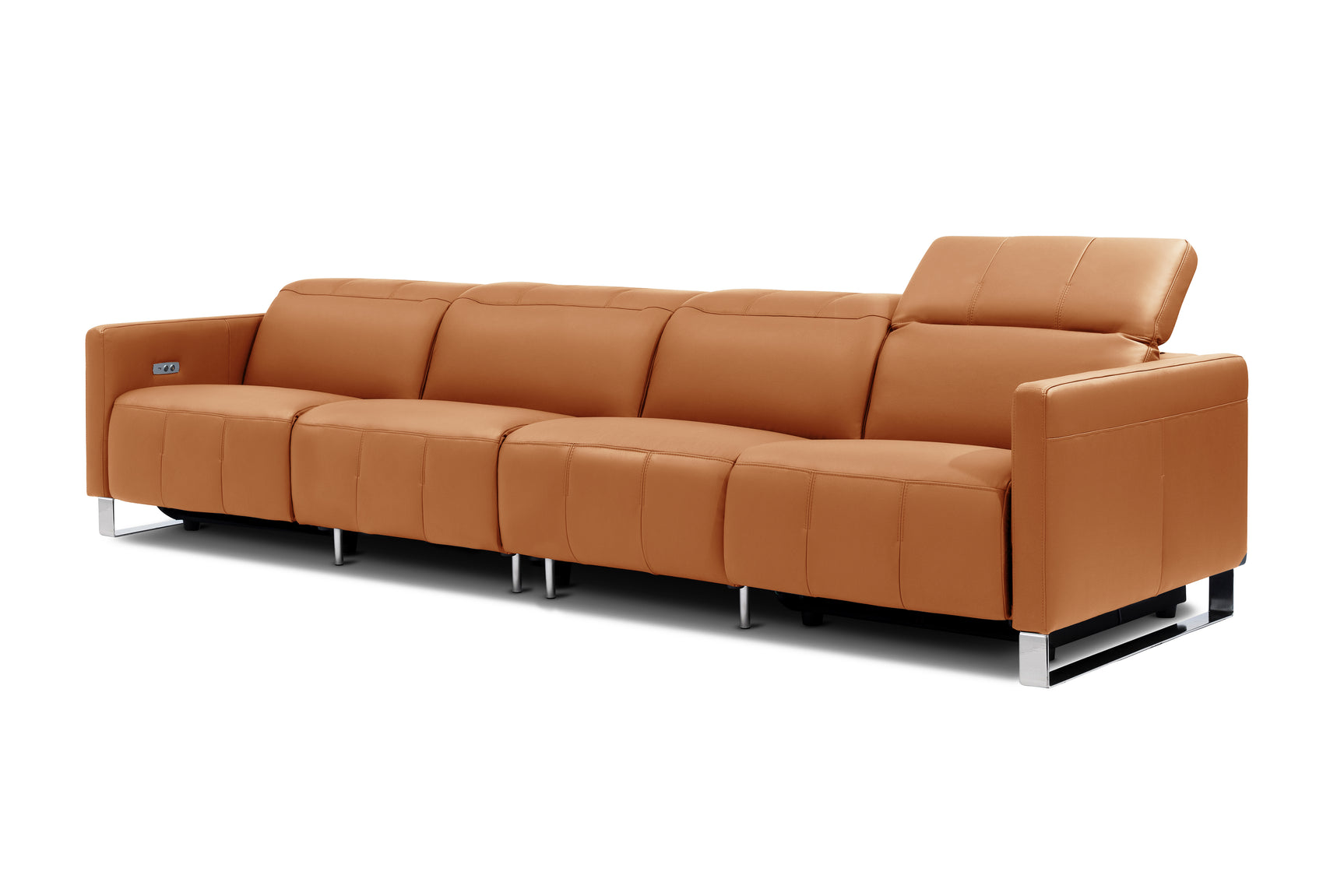 Valencia Isla Modern Top Grain Leather Reclining Sofa, Four Seats, Cognac