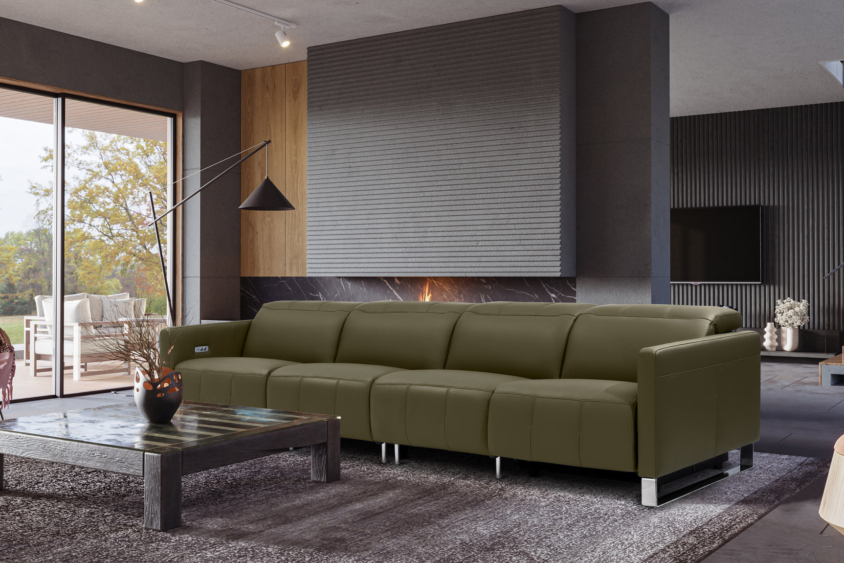 Valencia Isla Modern Top Grain Leather Reclining Sofa, Four Seats, Dark Green