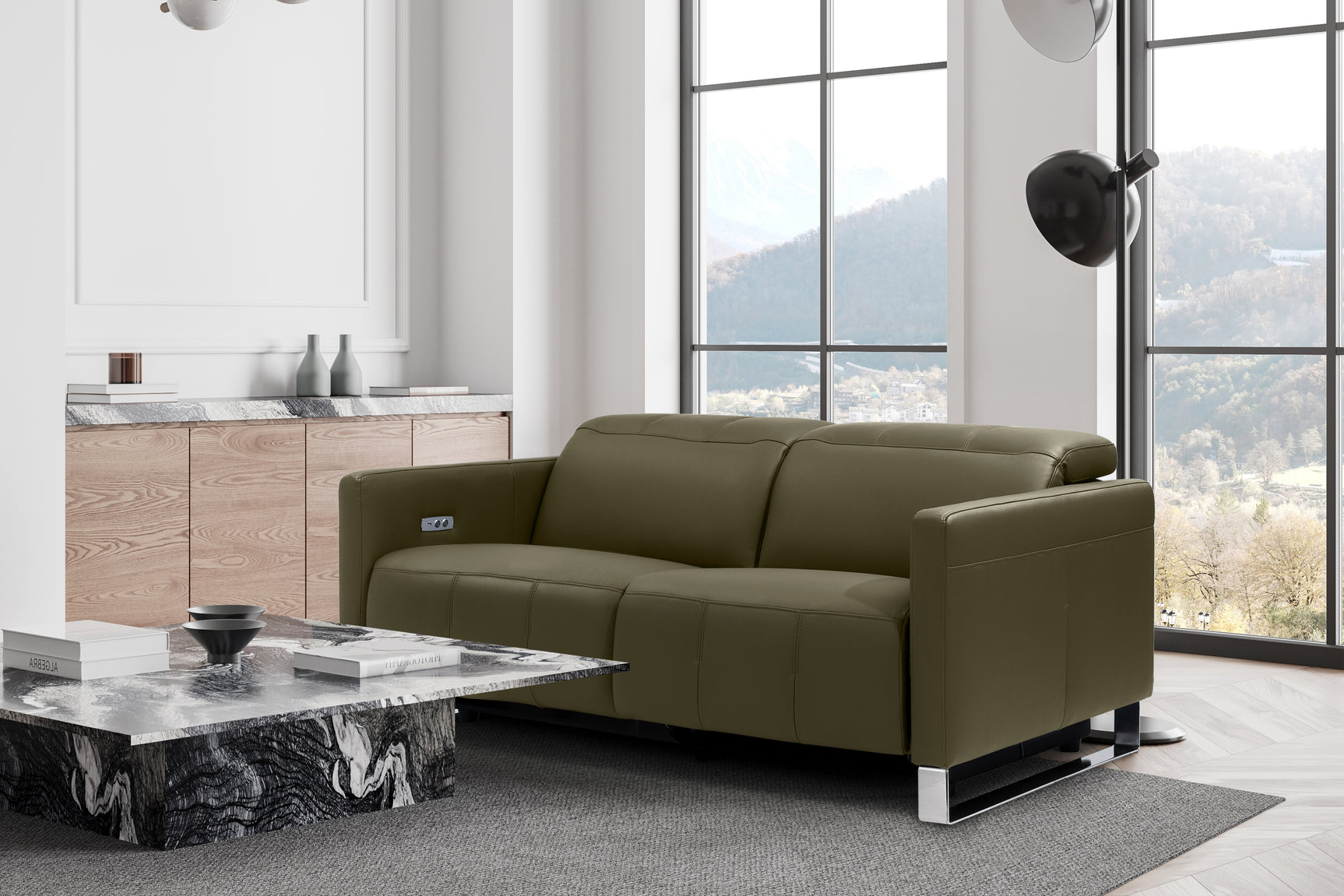 Valencia Isla Modern Top Grain Leather Reclining Sofa, Loveseat, Dark Green
