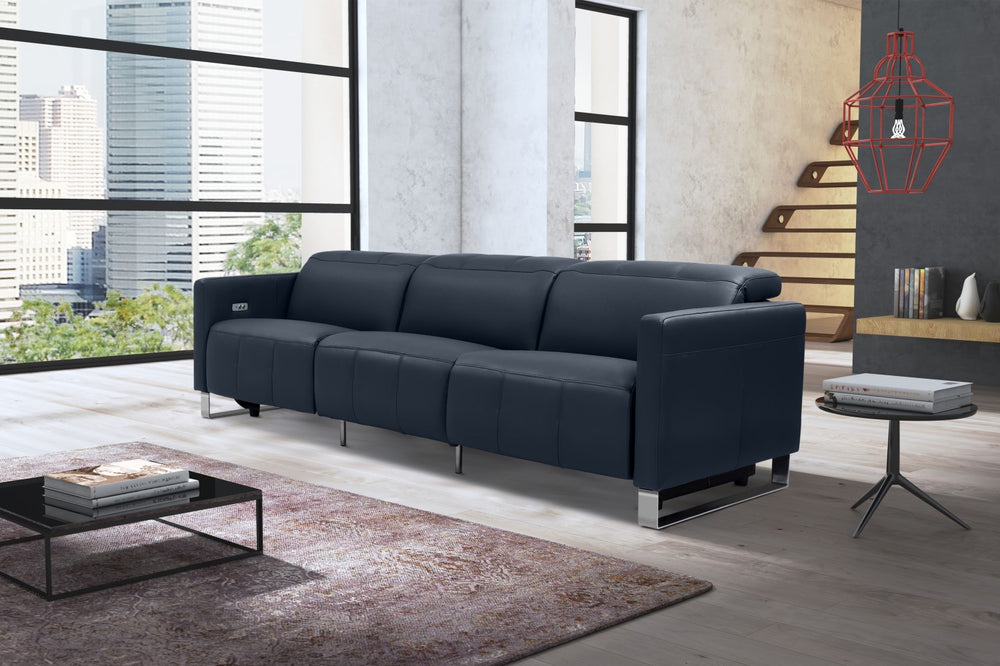 Valencia Isla Modern Top Grain Leather Reclining Sofa, Three Seats, Blue