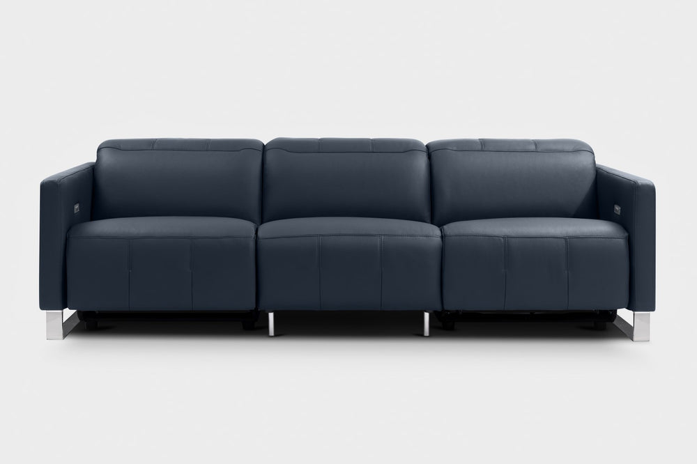 Valencia Isla Modern Top Grain Leather Reclining Sofa, Three Seats, Blue