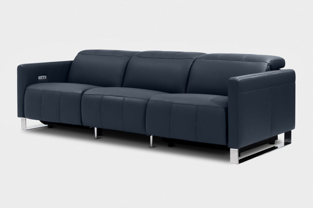 Valencia Isla Modern Top Grain Leather Reclining Sofa, Three Seats, Blue